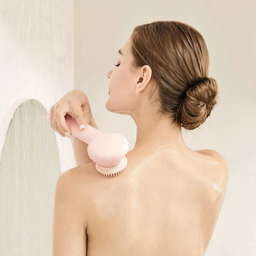 InFace CB-11D grey electric shower brush with four rotating brush heads on a bathroom shelf.
