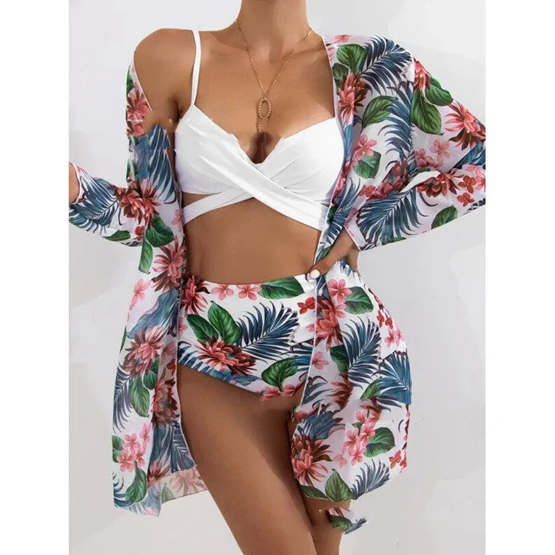New swimsuit women bikini set nylon spandex mesh split three piece sizes S to XL multiple colours
