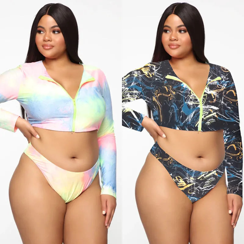 Plus size women wearing colourful gradient long sleeve zipper bikini swimsuit with chest pad and triangle shorts, size 2XL-5XL