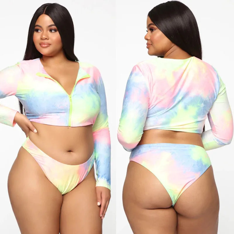 Plus size women wearing colourful gradient long sleeve zipper bikini swimsuit with chest pad and triangle shorts, size 2XL-5XL