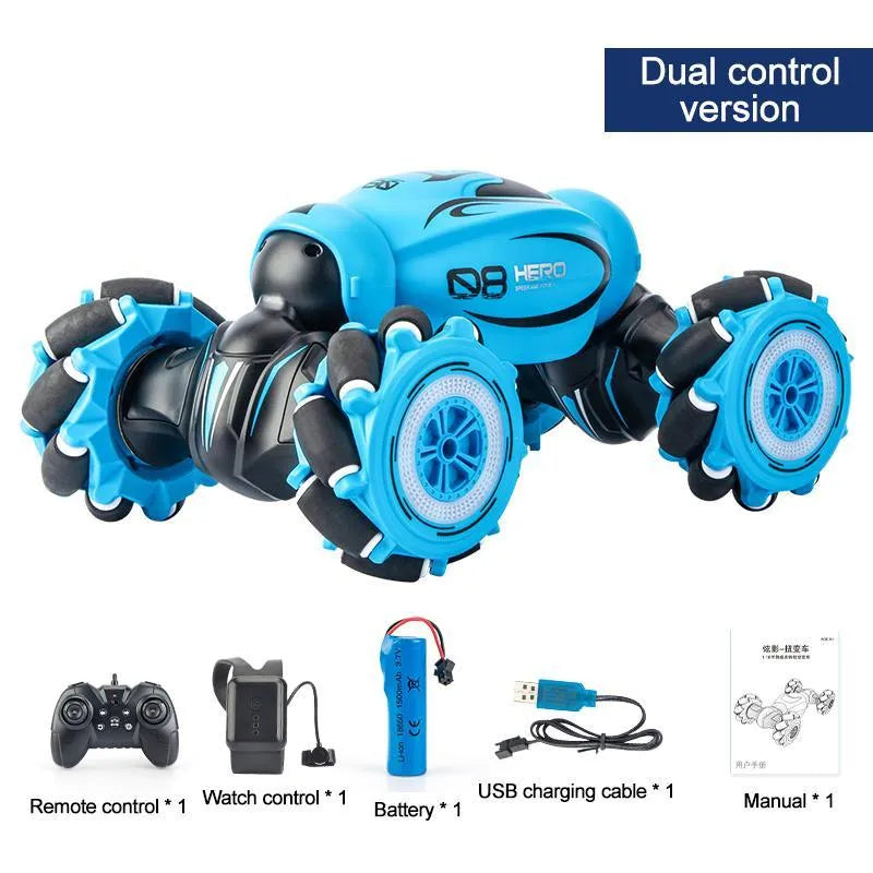 Blue gesture sensing remote control car with transformation feature and rechargeable battery.