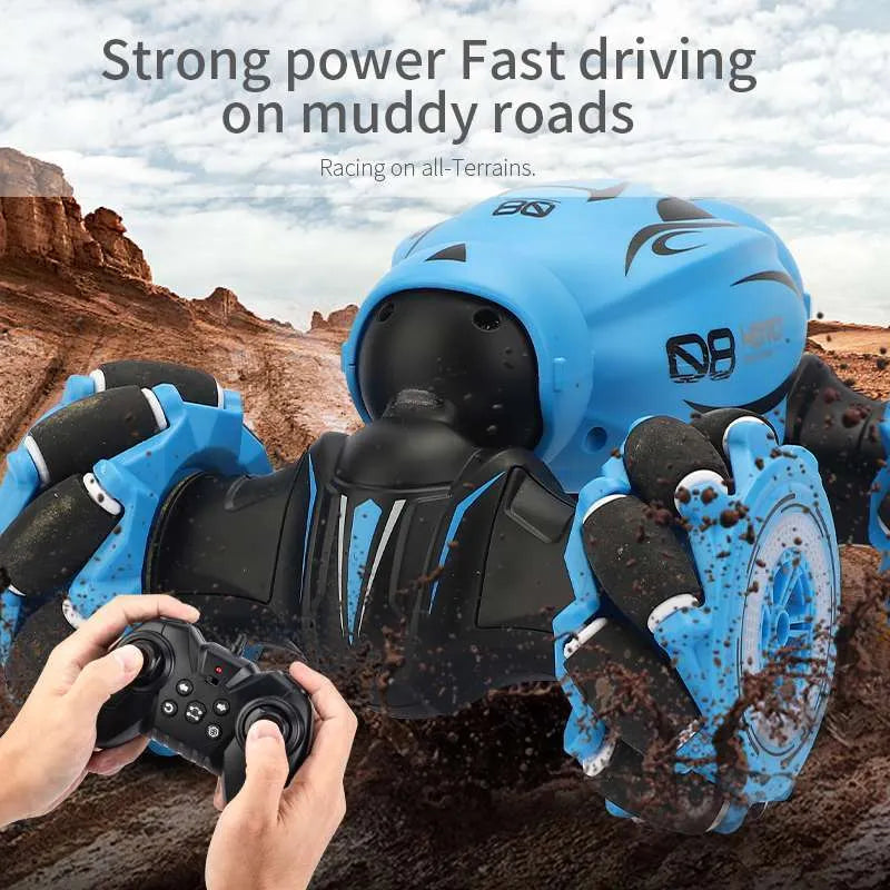 Blue gesture sensing remote control car with transformation feature and rechargeable battery.