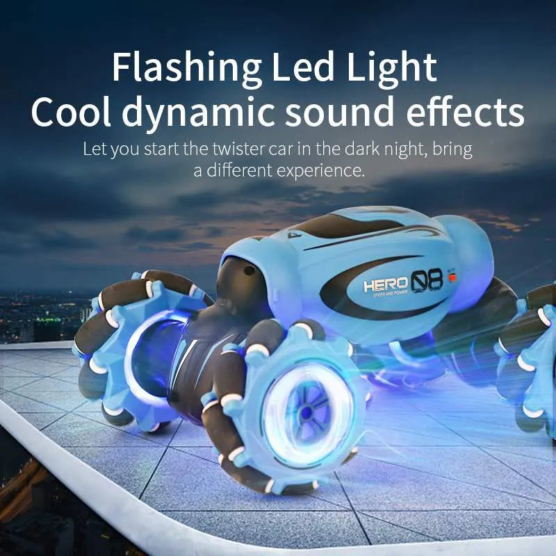 Blue gesture sensing remote control car with transformation feature and rechargeable battery.