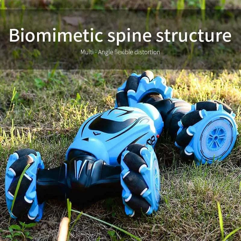 Blue gesture sensing remote control car with transformation feature and rechargeable battery.