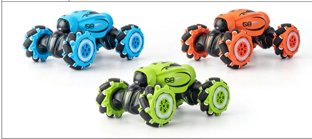 Blue gesture sensing remote control car with transformation feature and rechargeable battery.