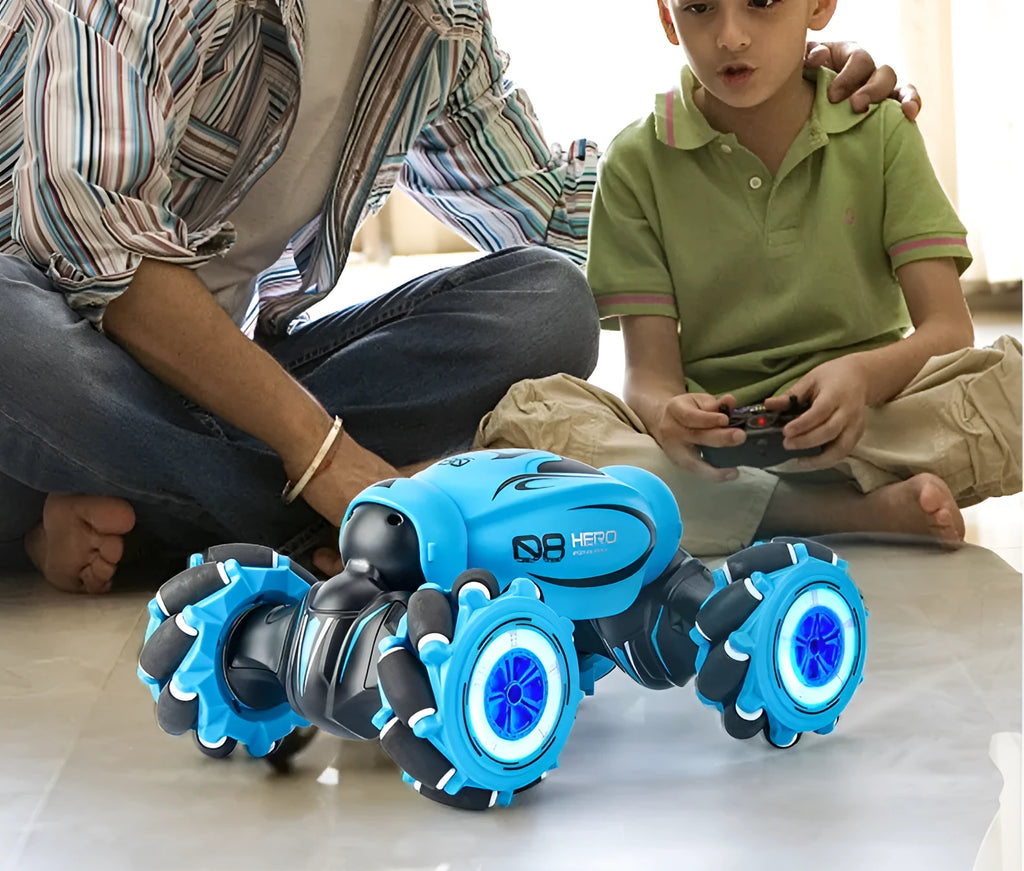 Blue gesture sensing remote control car with transformation feature and rechargeable battery.
