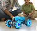 Blue gesture sensing remote control car with transformation feature and rechargeable battery.