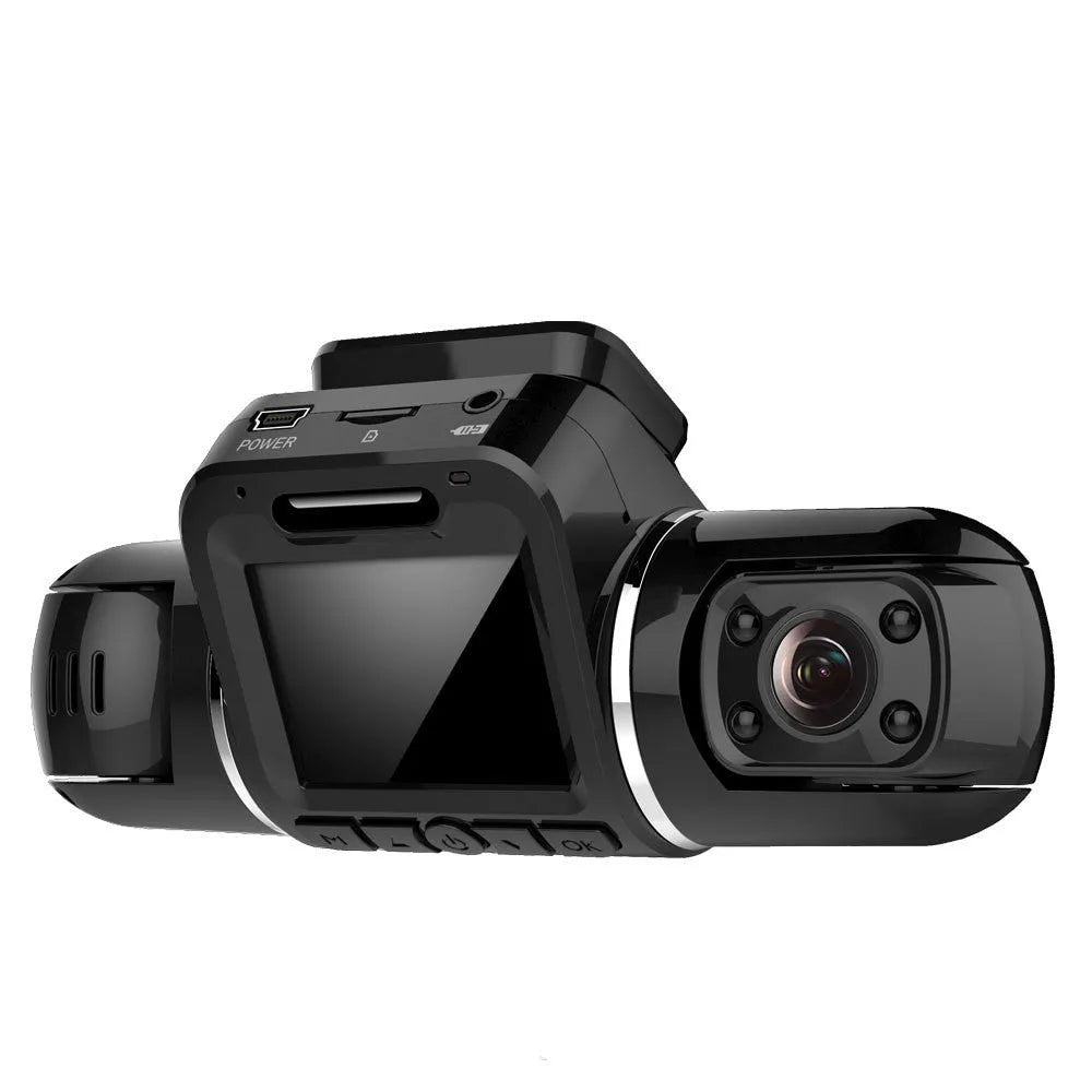Black car driving recorder with 170-degree wide-angle lens mounted on front windshield
