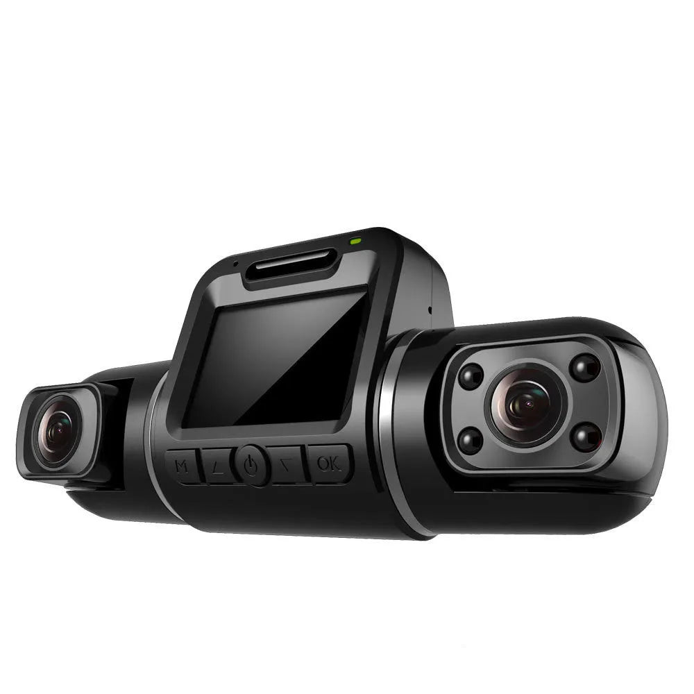 Black car driving recorder with 170-degree wide-angle lens mounted on front windshield