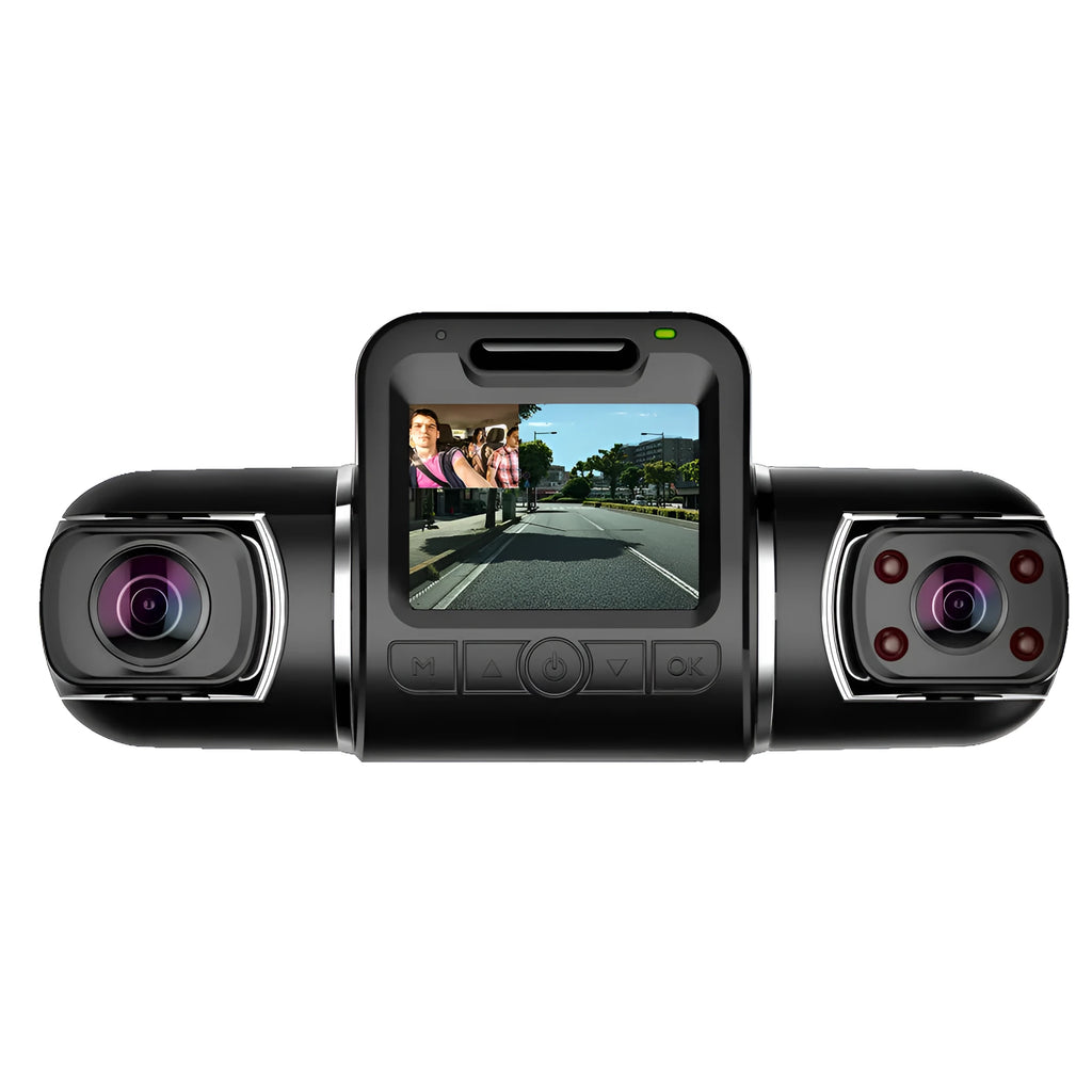 Black car driving recorder with 170-degree wide-angle lens mounted on front windshield