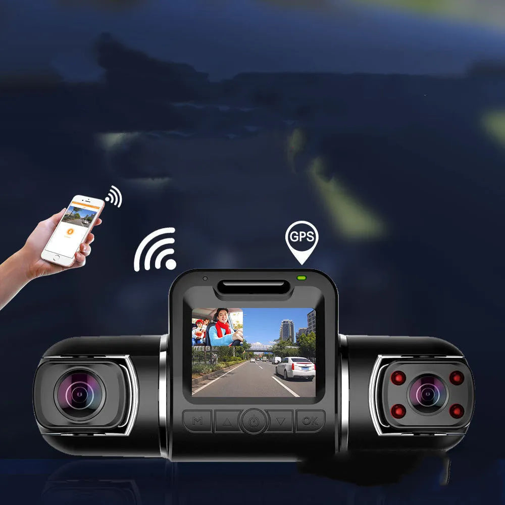 Black car driving recorder with 170-degree wide-angle lens mounted on front windshield