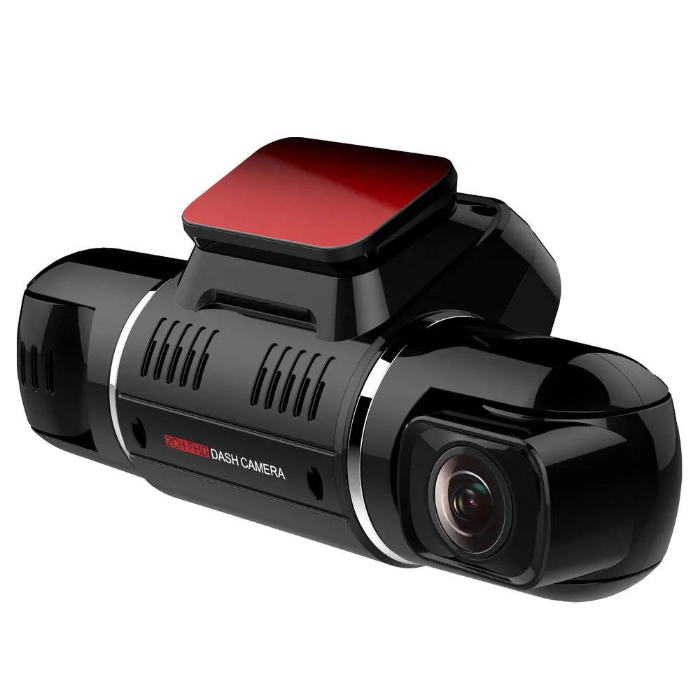 Black car driving recorder with 170-degree wide-angle lens mounted on front windshield