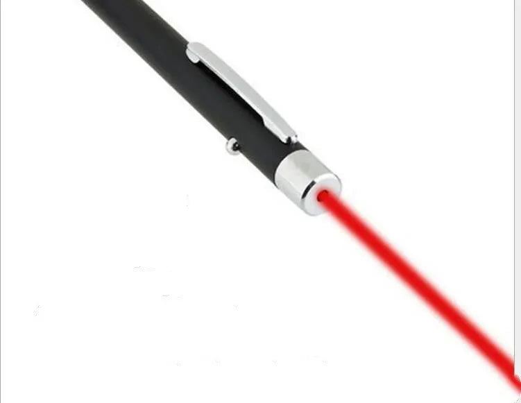A black red laser pointer pen on a white background, showing its slim 13.5 cm design.