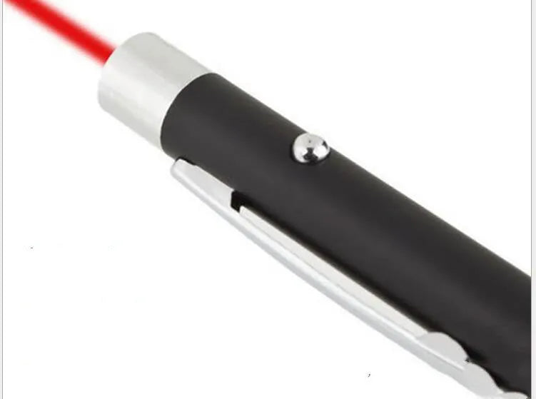 A black red laser pointer pen on a white background, showing its slim 13.5 cm design.