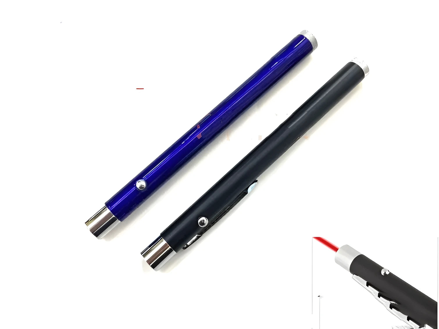 A black red laser pointer pen on a white background, showing its slim 13.5 cm design.