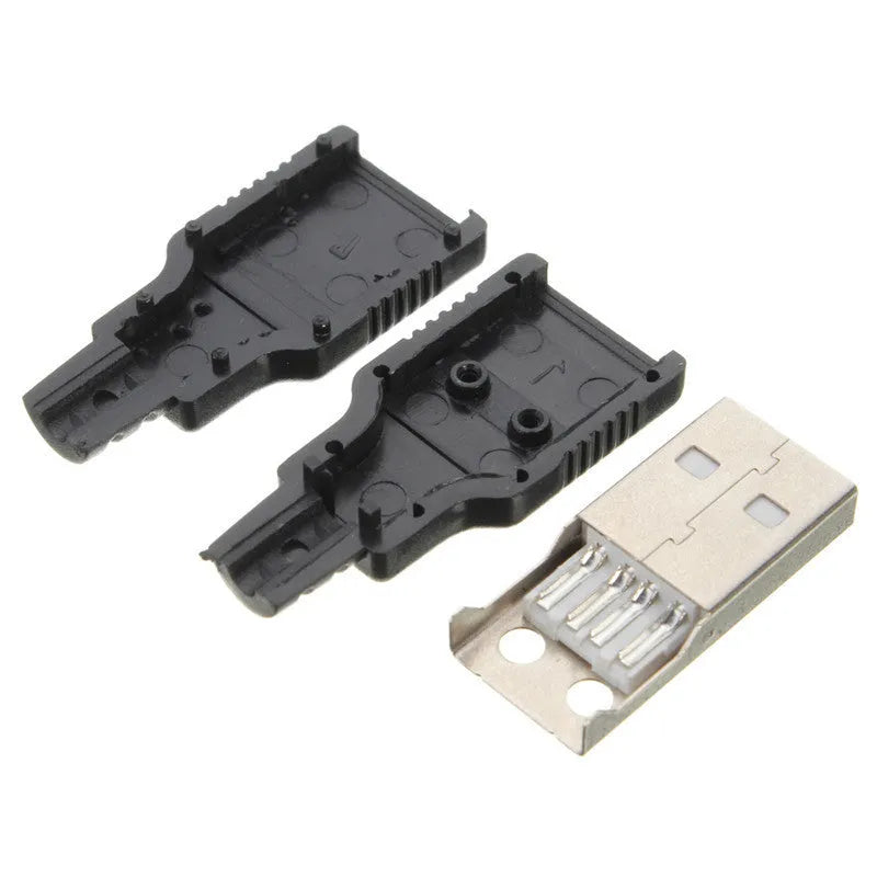 Pack of 10 black USB Type A male 4 pin plug connectors with silver contacts on white background
