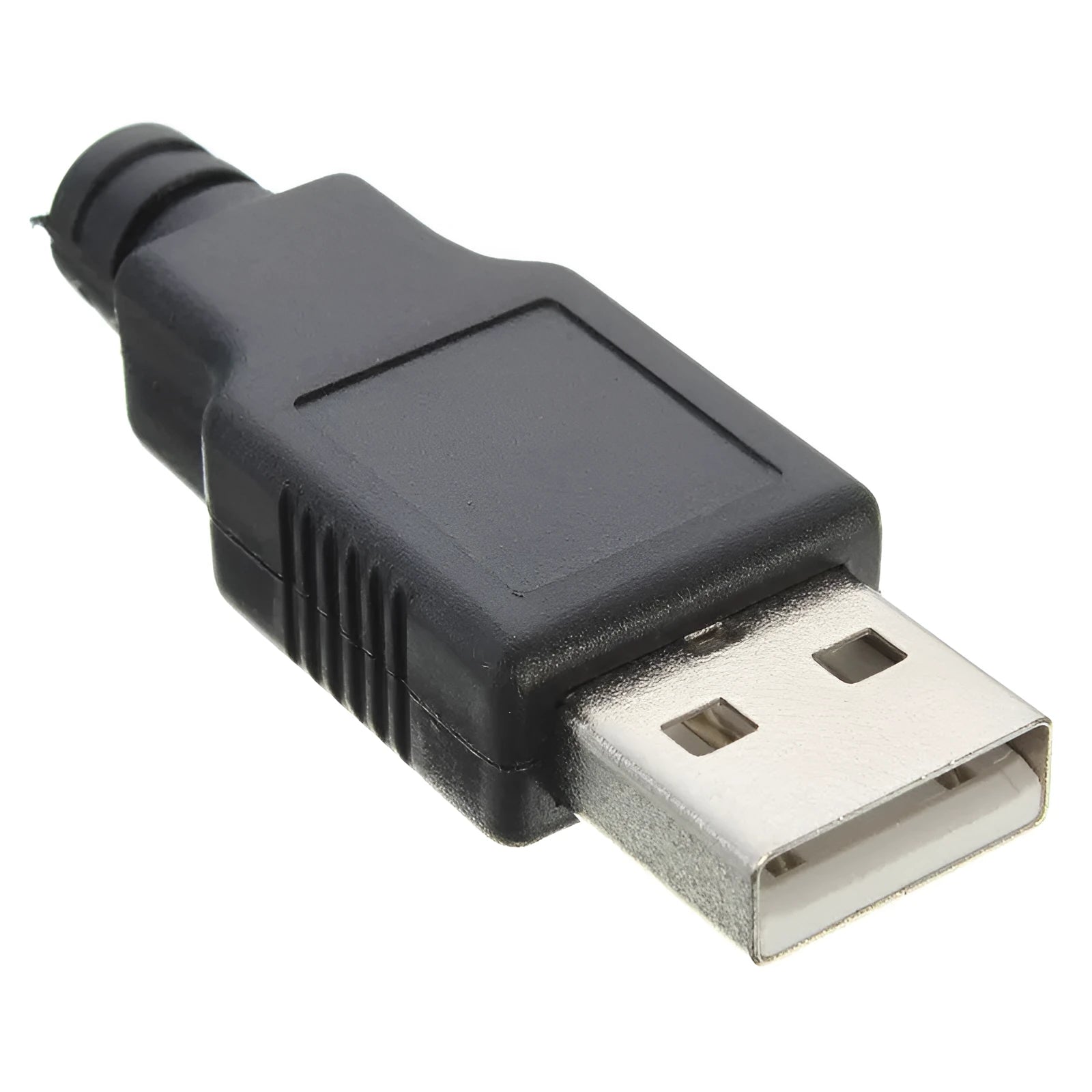 Pack of 10 black USB Type A male 4 pin plug connectors with silver contacts on white background