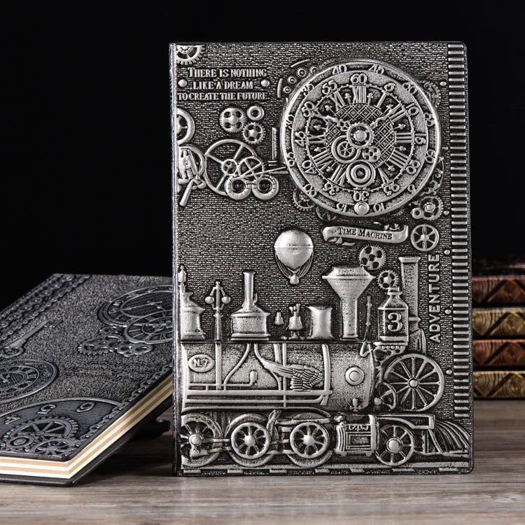 Retro embossed leather notepad diary in bronze colour, showing 3D relief design and A5 size.