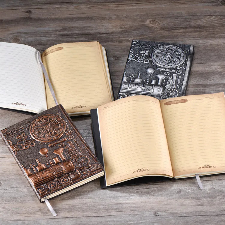 Retro embossed leather notepad diary in bronze colour, showing 3D relief design and A5 size.