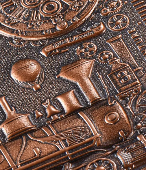 Retro embossed leather notepad diary in bronze colour, showing 3D relief design and A5 size.