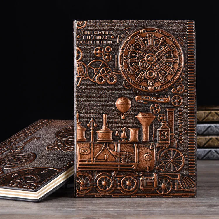 Retro embossed A5 notepad diary in green bronze, red bronze, and silver colour options