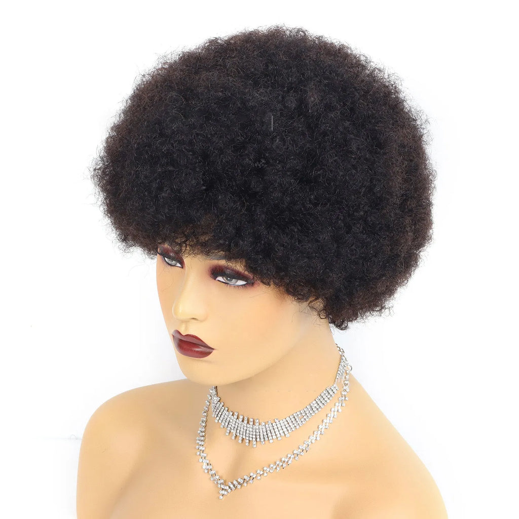 Short afro kinky curly human hair wig with Qi bangs, 6-inch Brazilian real hair, dyeable and ironable.