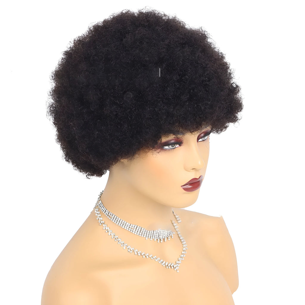 Short afro kinky curly human hair wig with Qi bangs, 6-inch Brazilian real hair, dyeable and ironable.