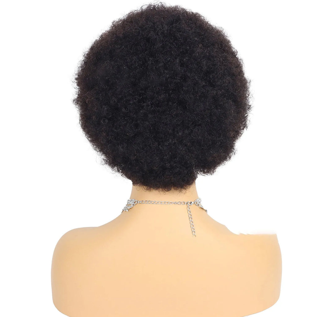 Short afro kinky curly human hair wig with Qi bangs, 6-inch Brazilian real hair, dyeable and ironable.