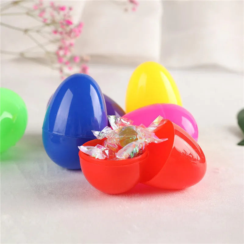 60 assorted colour fillable plastic Easter eggs 4x6cm each on a light background