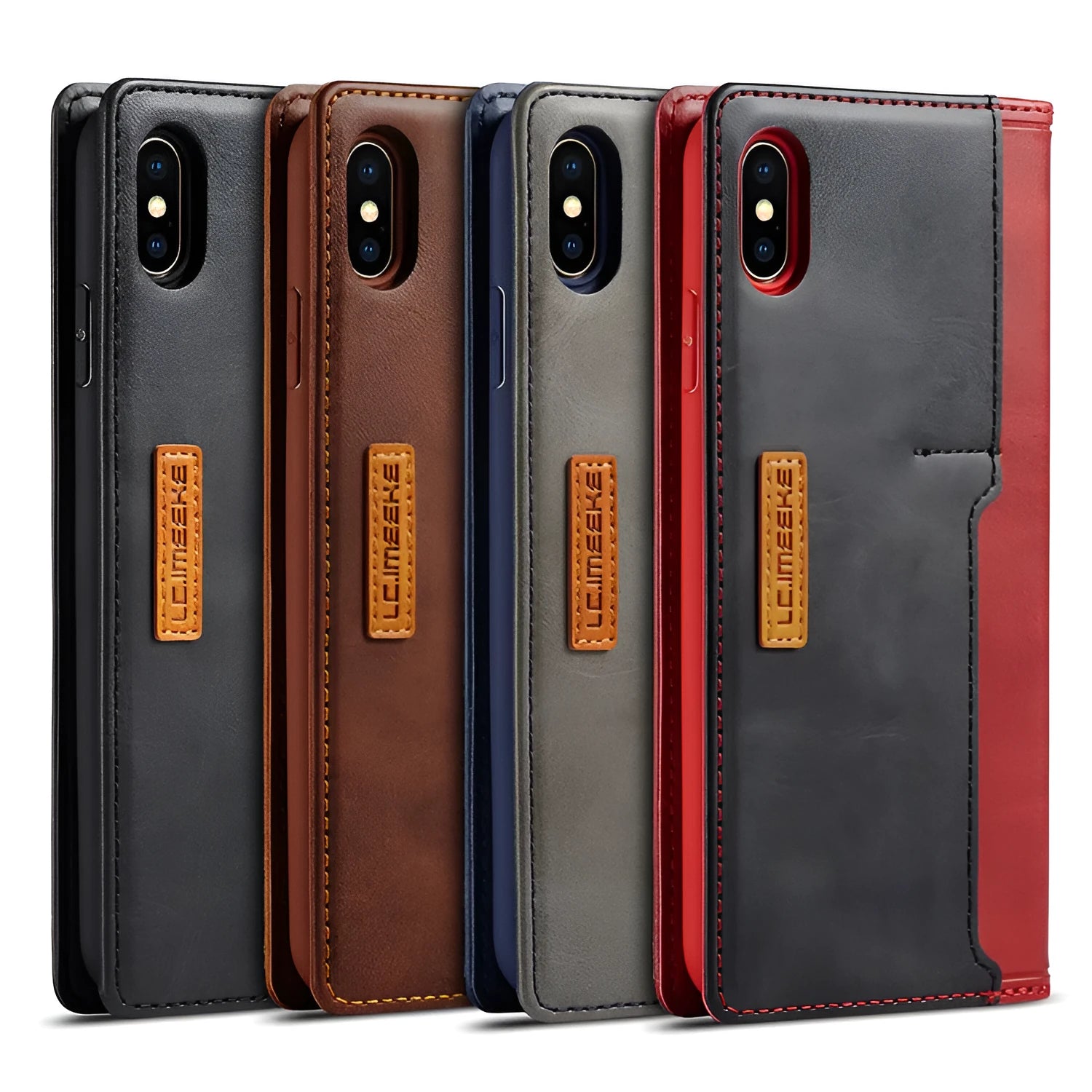 Retro-style black leather and PU flip wallet phone case open to show card slots, next to an iPhone.