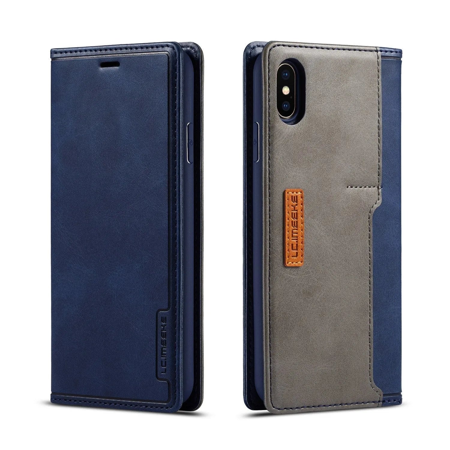 Retro brown leather iPhone flip case open to show card slots and iPhone model inside.