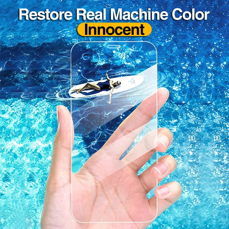 Four transparent tempered glass screen protectors for Apple iPhone models with anti-blue light feature.
