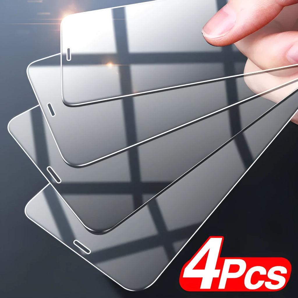 Four transparent tempered glass screen protectors for Apple iPhone models with anti-blue light feature.