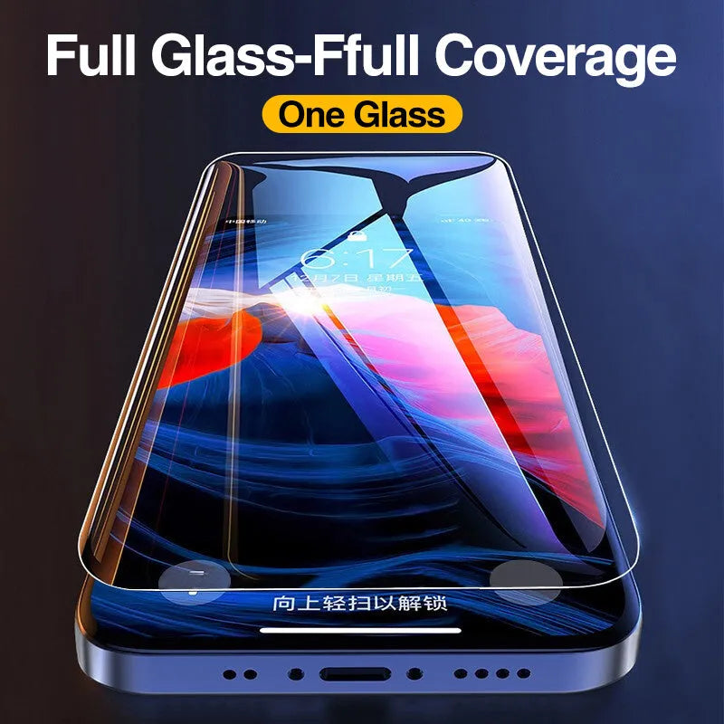 Four transparent tempered glass screen protectors for Apple iPhone models with anti-blue light feature.
