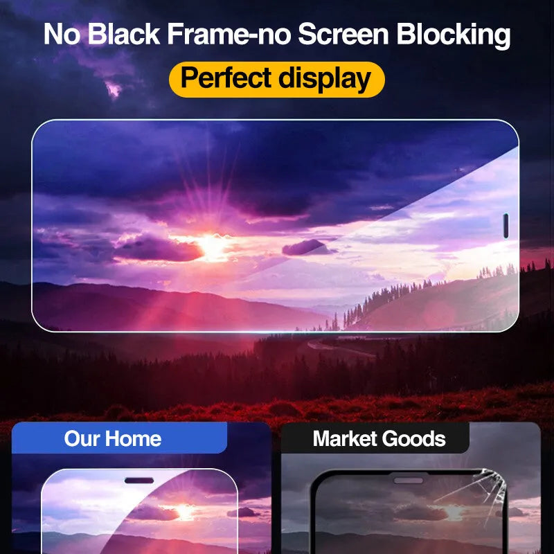 Four transparent tempered glass screen protectors for Apple iPhone models with anti-blue light feature.