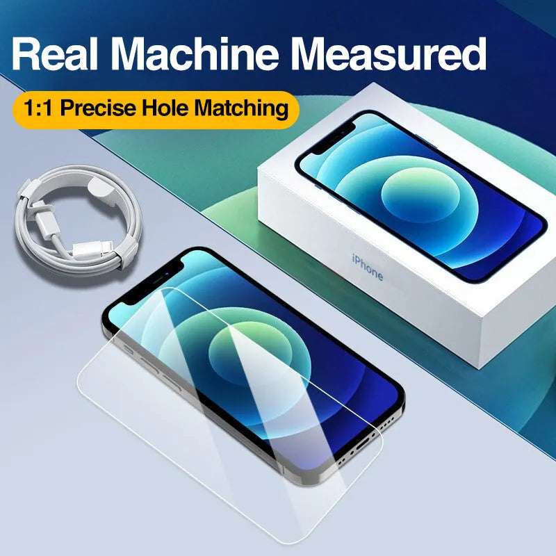 Four transparent tempered glass screen protectors for Apple iPhone models with anti-blue light feature.