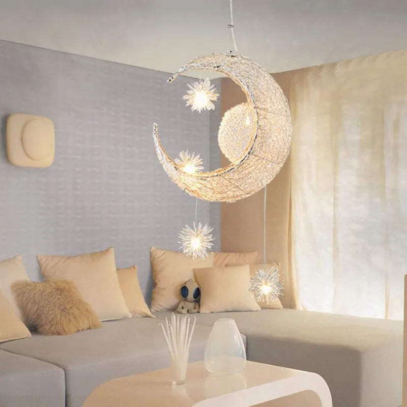 Aluminium wire star and moon design chandelier ceiling light with adjustable height