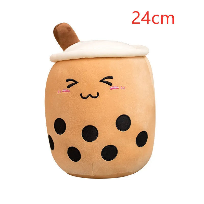 Cute fruit drink plush cushion in pink strawberry shape with embroidered face on short plush fabric