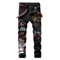 Men's slim fit graffiti print jeans, straight leg, mid waist, available in black or white, sizes 28-42.