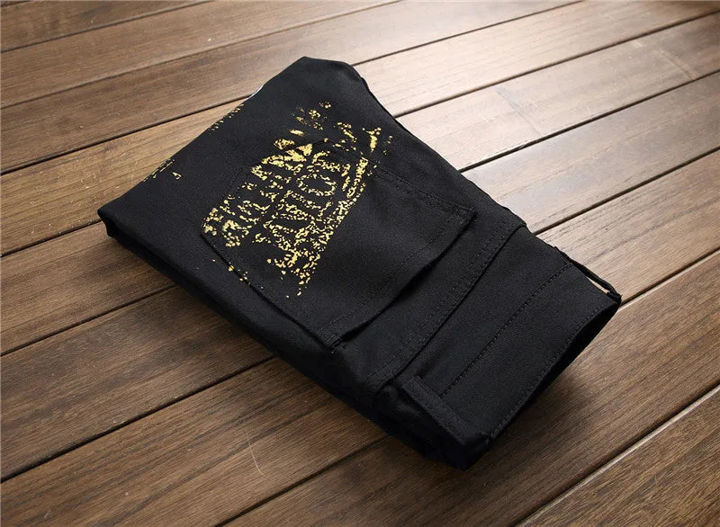 Men's slim fit graffiti print jeans, straight leg, mid waist, available in black or white, sizes 28-42.