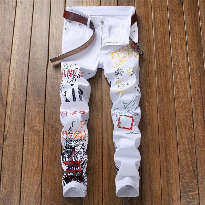 Men's slim fit graffiti print jeans, straight leg, mid waist, available in black or white, sizes 28-42.