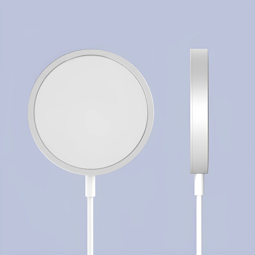 MagSafe compatible magnetic wireless charger in silver, black, blue, and red metal finishes for iPhone.