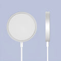 MagSafe compatible magnetic wireless charger in silver, black, blue, and red metal finishes for iPhone.