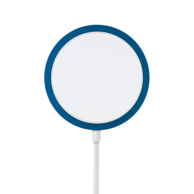 MagSafe compatible magnetic wireless charger in silver, black, blue, and red metal finishes for iPhone.