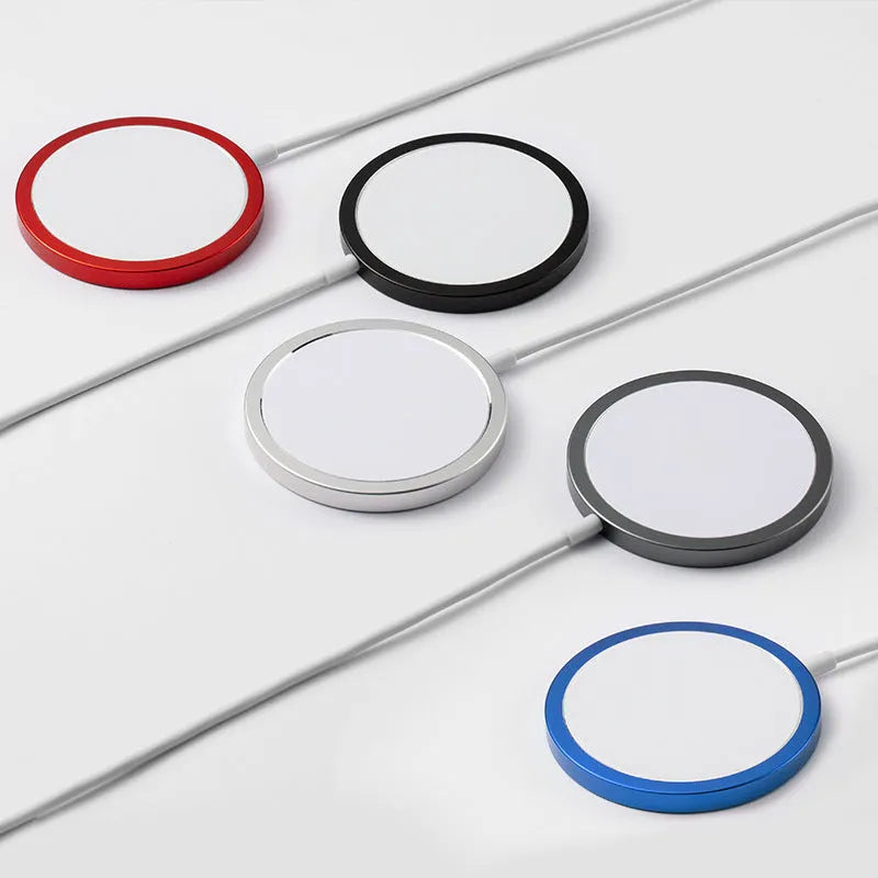 Silver metal magnetic wireless charger compatible with Apple Magsafe for iPhone.