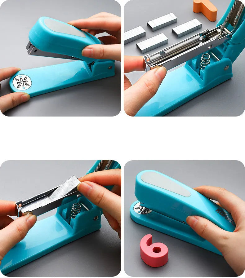 360-degree rotatable desktop stapler in various colours showing metal nail outlet and deep paper feed.