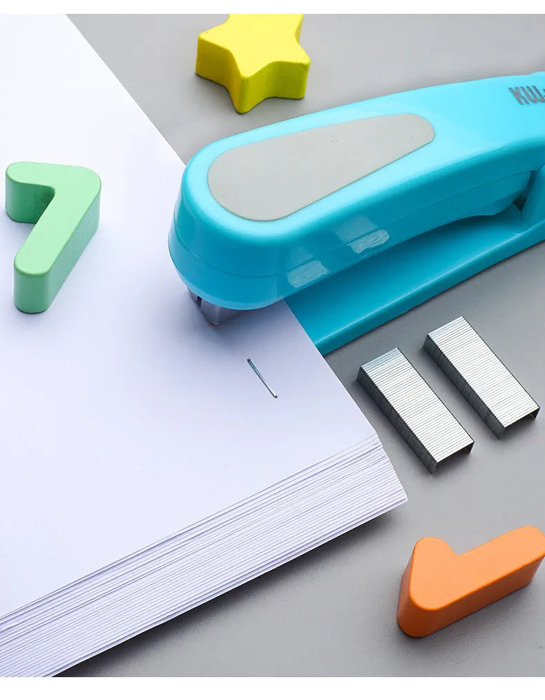360-degree rotatable desktop stapler in various colours showing metal nail outlet and deep paper feed.