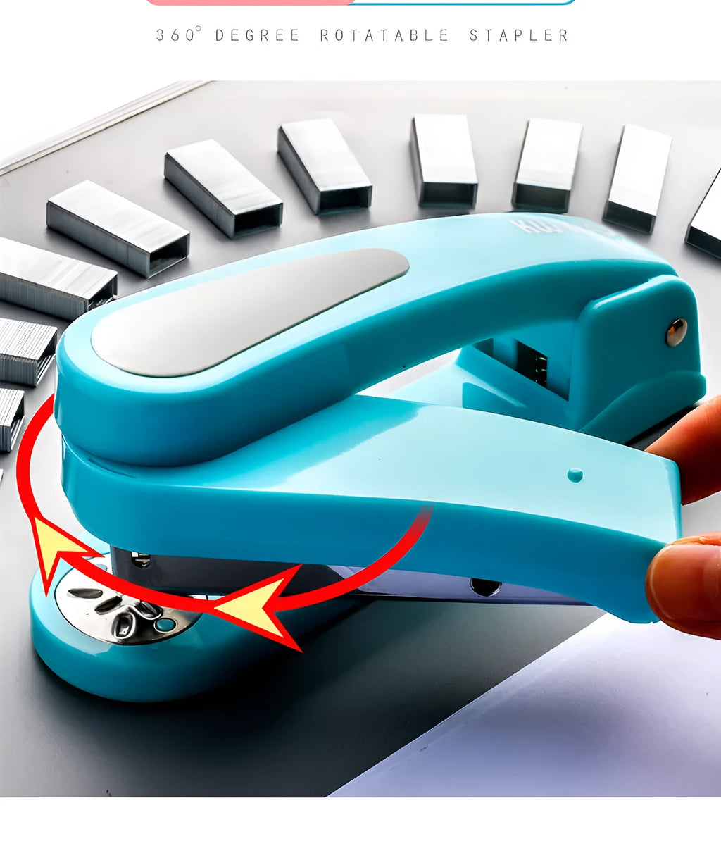 360-degree rotatable desktop stapler in various colours showing metal nail outlet and deep paper feed.