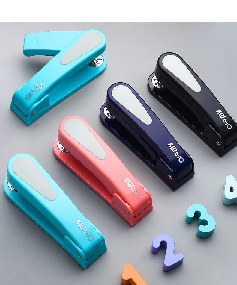 360-degree rotatable desktop stapler in various colours showing metal nail outlet and deep paper feed.