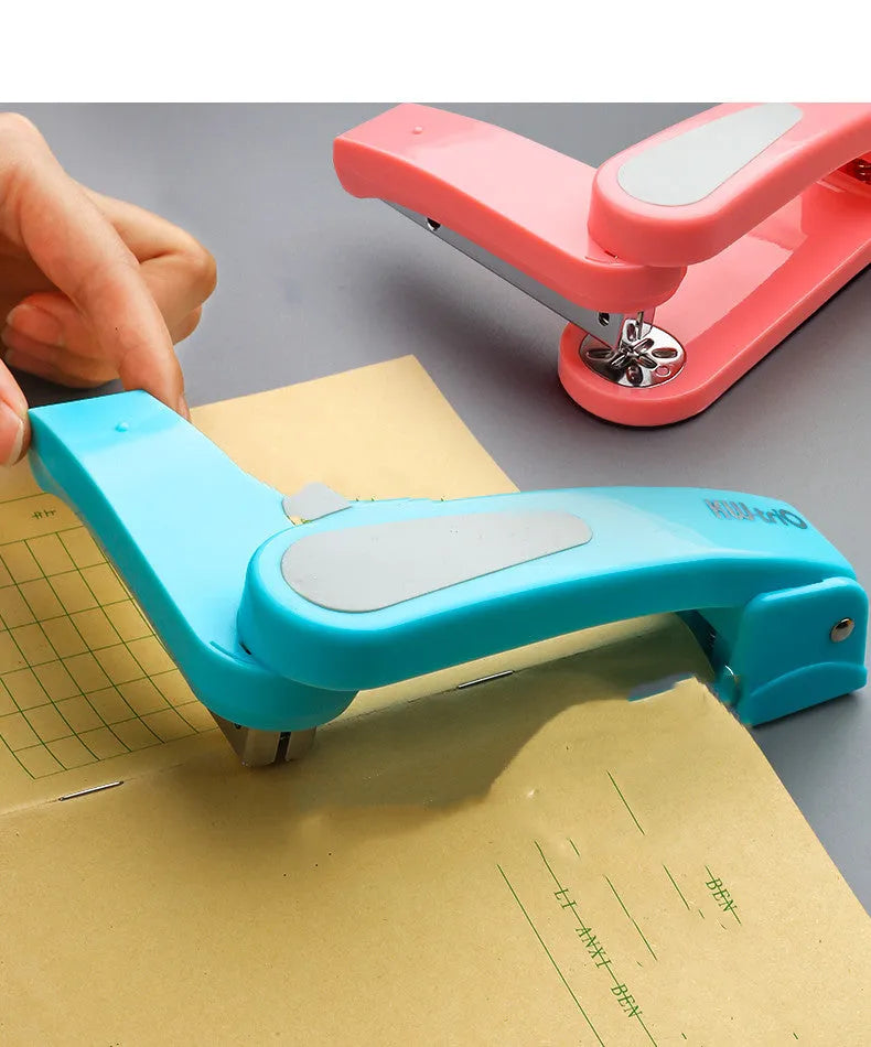 360-degree rotatable desktop stapler in various colours showing metal nail outlet and deep paper feed.